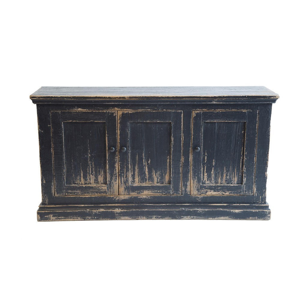 Miy Sideboard Buffet Cabinet, 3 Door, Antique Black Pine Wood 65 Inch
