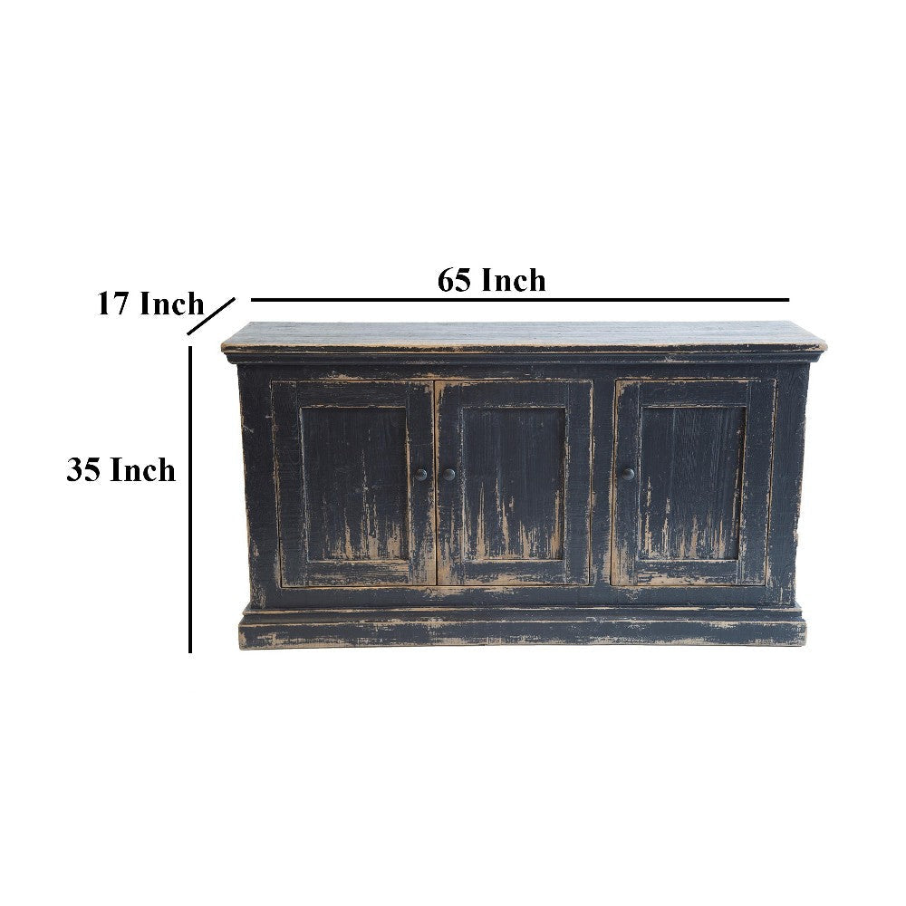 Miy Sideboard Buffet Cabinet 3 Door Antique Black Pine Wood 65 Inch BM326794