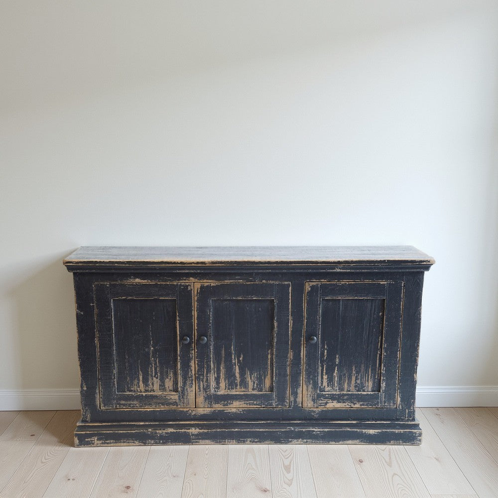 Miy Sideboard Buffet Cabinet, 3 Door, Antique Black Pine Wood 65 Inch