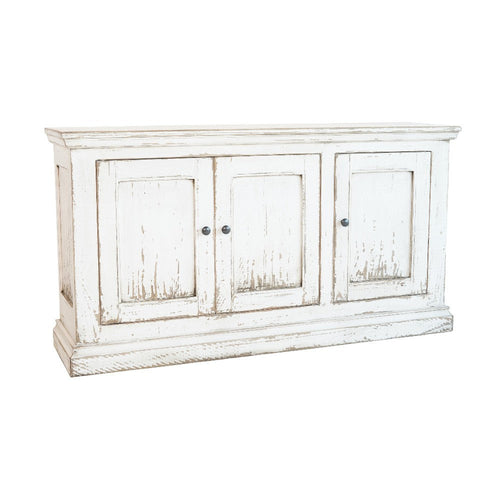 Miy Sideboard Buffet Cabinet, 3 Door, Antique White Pine Wood 65 Inch