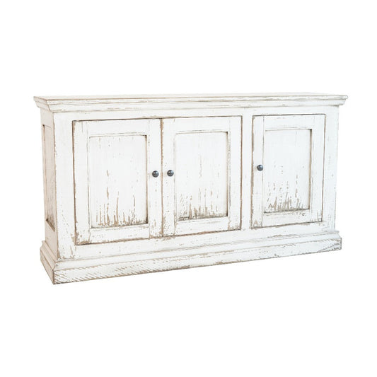 Miy Sideboard Buffet Cabinet, 3 Door, Antique White Pine Wood 65 Inch