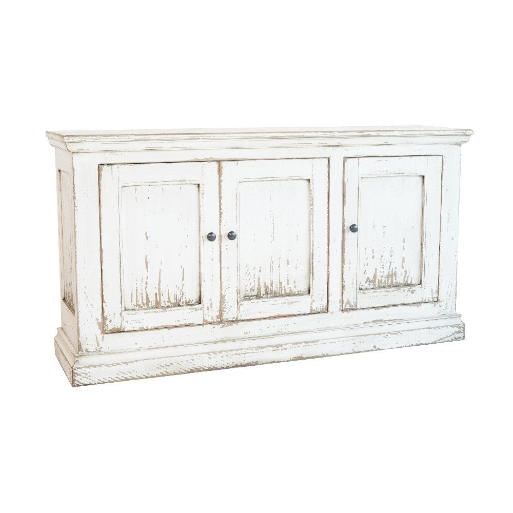 Miy Sideboard Buffet Cabinet, 3 Door, Antique White Pine Wood 65 Inch