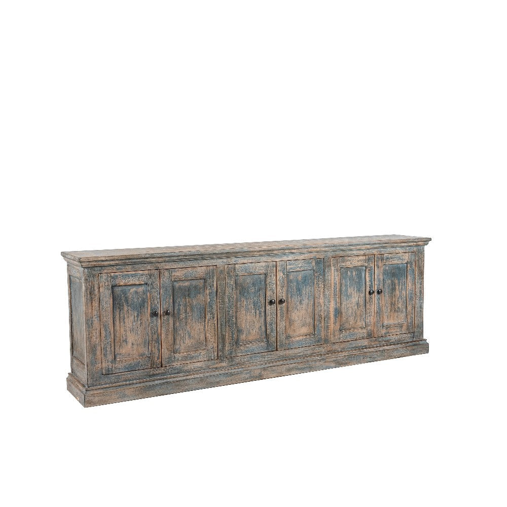 Miy Sideboard Buffet Cabinet, 6 Door, Antique Blue Pine Wood 106 Inch
