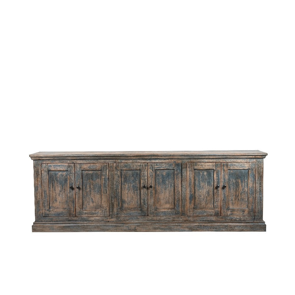 Miy Sideboard Buffet Cabinet 6 Door Antique Blue Pine Wood 106 Inch BM326799