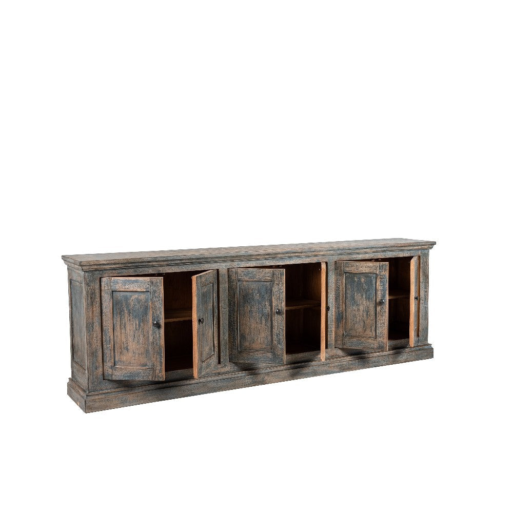 Miy Sideboard Buffet Cabinet 6 Door Antique Blue Pine Wood 106 Inch BM326799