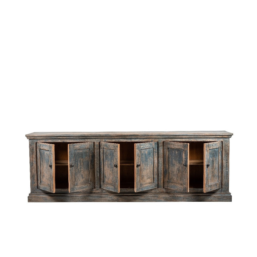 Miy Sideboard Buffet Cabinet 6 Door Antique Blue Pine Wood 106 Inch BM326799