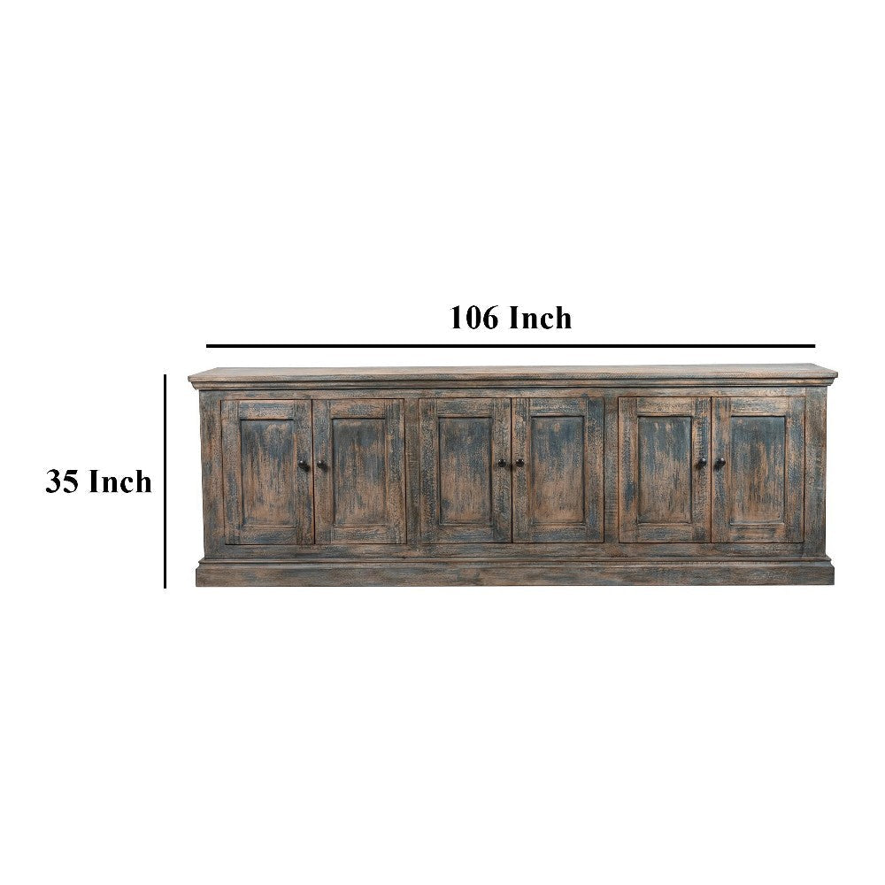 Miy Sideboard Buffet Cabinet 6 Door Antique Blue Pine Wood 106 Inch BM326799