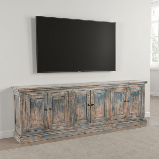Miy Sideboard Buffet Cabinet, 6 Door, Antique Blue Pine Wood 106 Inch
