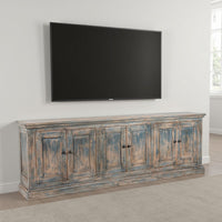 Miy Sideboard Buffet Cabinet, 6 Door, Antique Blue Pine Wood 106 Inch