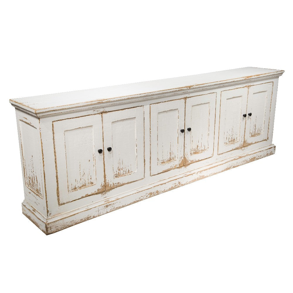 Miy Sideboard Buffet Cabinet, 6 Door, Antique White Pine Wood 106 Inch