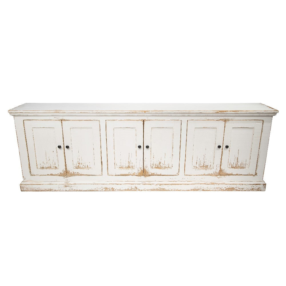Miy Sideboard Buffet Cabinet 6 Door Antique White Pine Wood 106 Inch BM326800