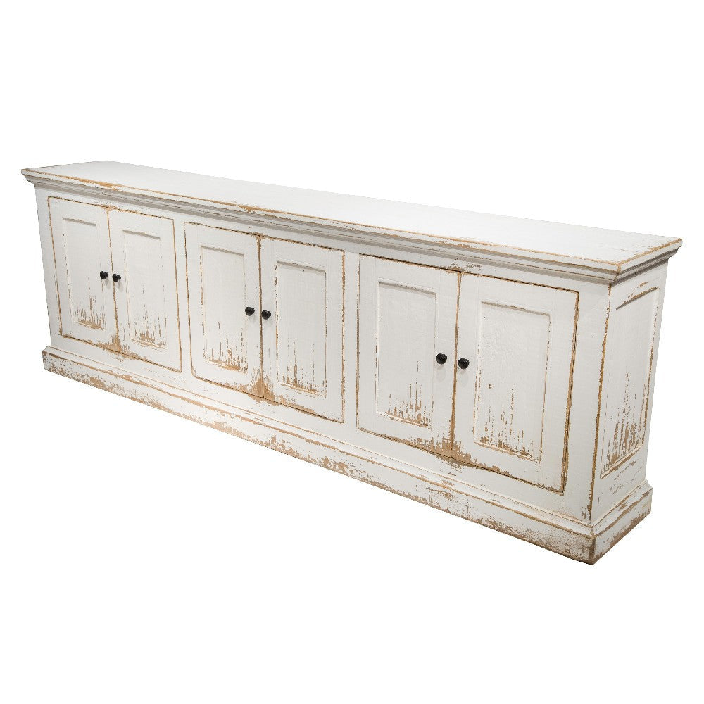 Miy Sideboard Buffet Cabinet 6 Door Antique White Pine Wood 106 Inch BM326800
