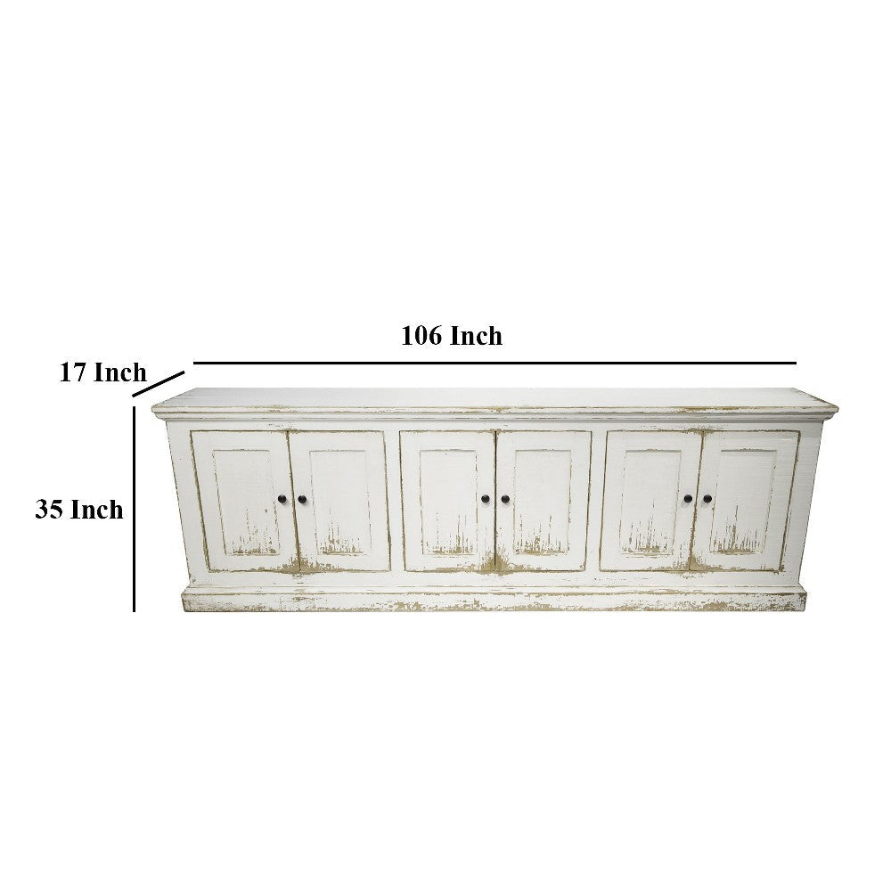 Miy Sideboard Buffet Cabinet 6 Door Antique White Pine Wood 106 Inch BM326800