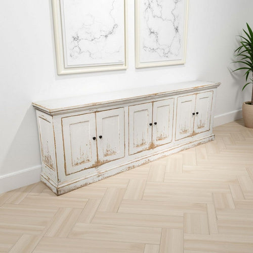 Miy Sideboard Buffet Cabinet, 6 Door, Antique White Pine Wood 106 Inch