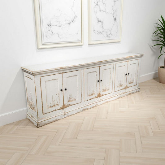 Miy Sideboard Buffet Cabinet, 6 Door, Antique White Pine Wood 106 Inch