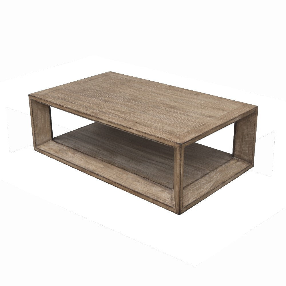 Limy Coffee Table, 54 Inch Rectangular Top, Shelf, Antique Brown Wood