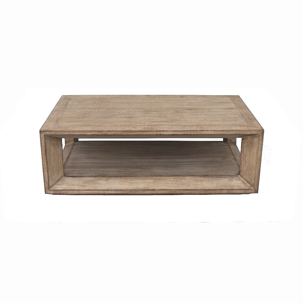Limy Coffee Table 54 Inch Rectangular Top Shelf Antique Brown Wood BM326805