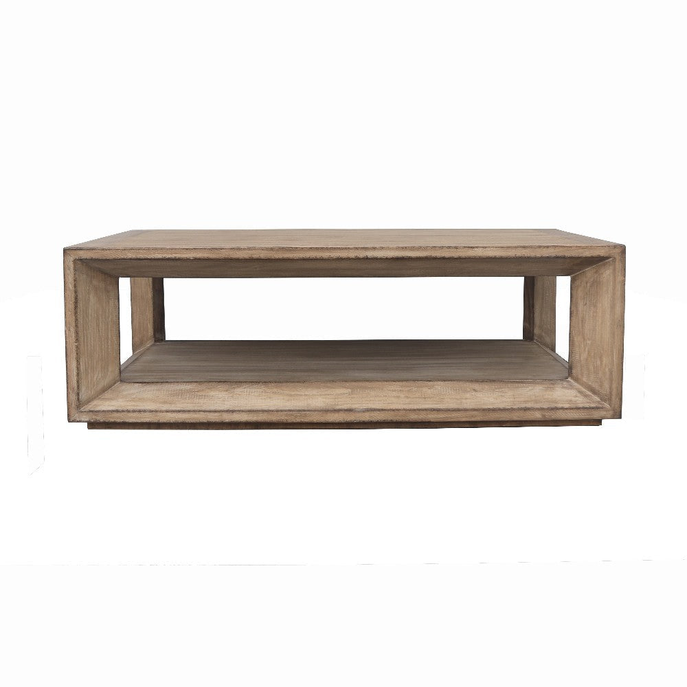 Limy Coffee Table 54 Inch Rectangular Top Shelf Antique Brown Wood BM326805