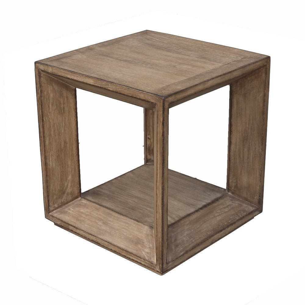 Limy Side End Table, 22 Inch Square Top, Shelf, Antique Brown Wood