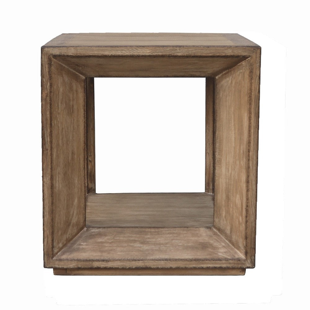 Limy Side End Table 22 Inch Square Top Shelf Antique Brown Wood BM326806