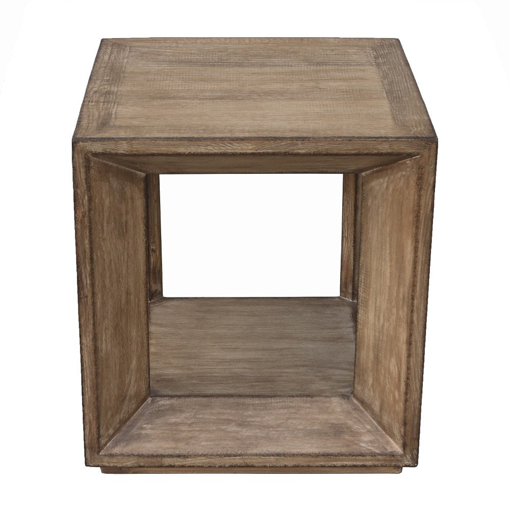 Limy Side End Table 22 Inch Square Top Shelf Antique Brown Wood BM326806