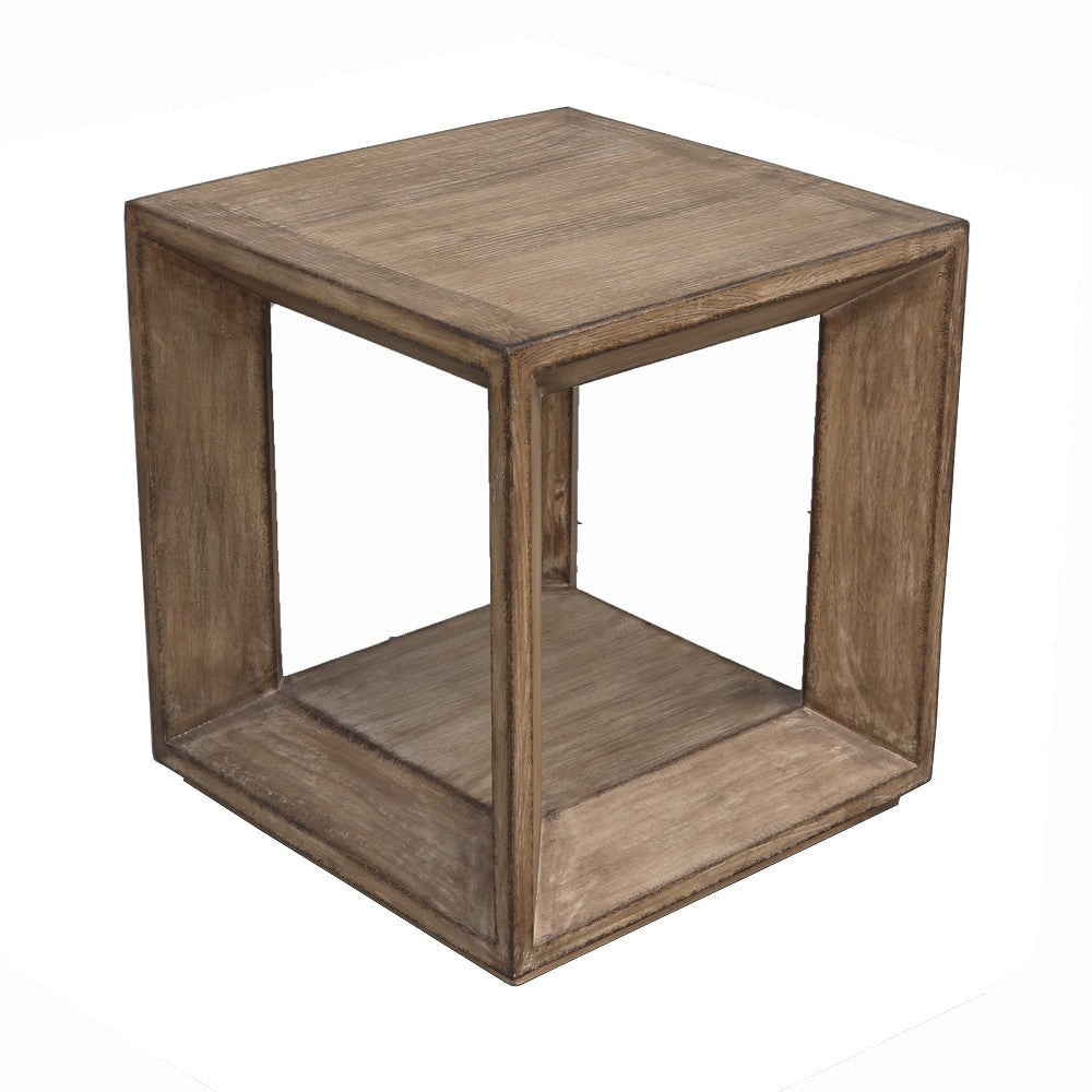 Limy Side End Table 22 Inch Square Top Shelf Antique Brown Wood BM326806