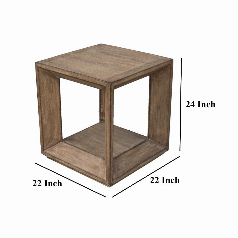 Limy Side End Table 22 Inch Square Top Shelf Antique Brown Wood BM326806