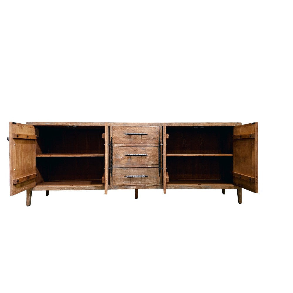 Osin Sideboard Buffet Cabinet 4 Door 83 Inch Antique Brown Pine Wood BM326807