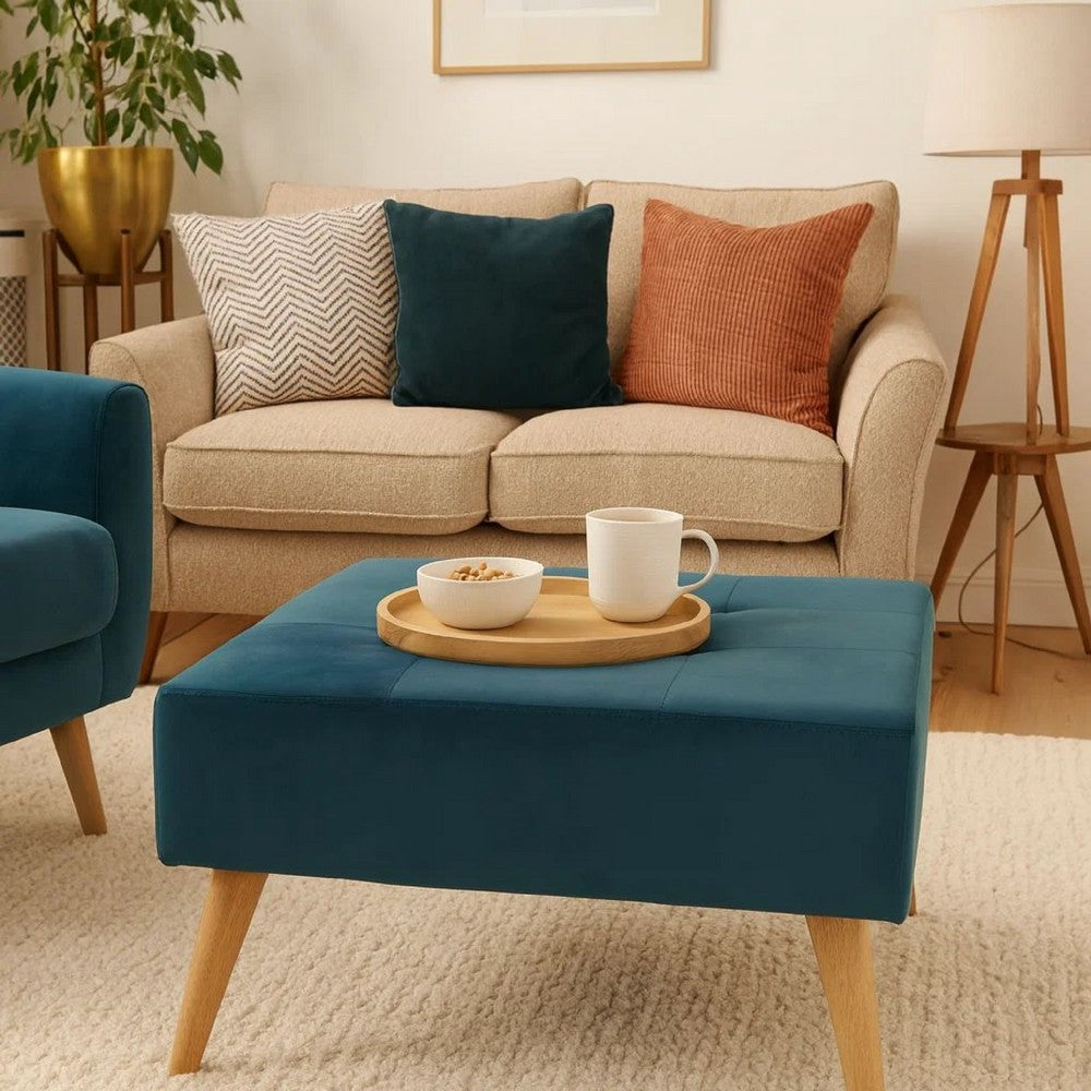 Ottoman, Tufted Teal Velvet, Brown Tapered Wood Legs, Square 31 Inch