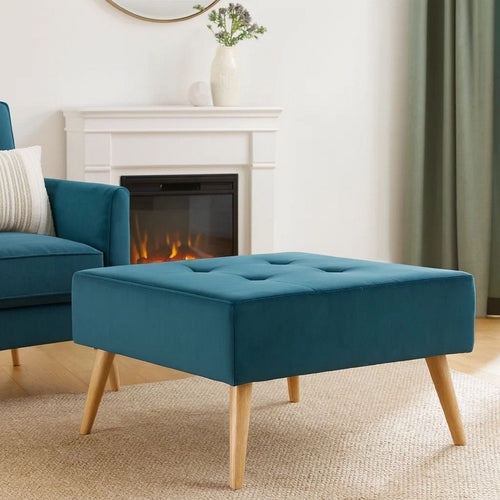 Ottoman | Tufted Teal Velvet | Brown Tapered Wood Legs | Square 31"