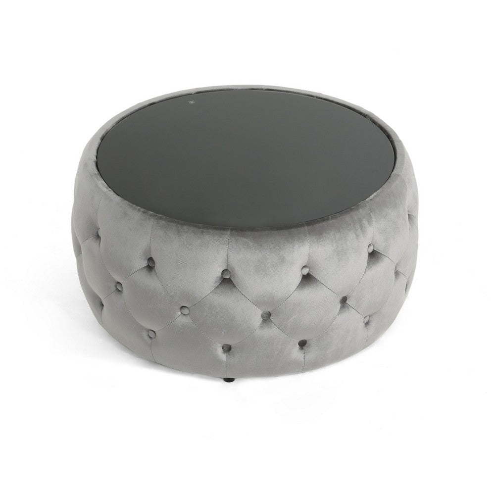 Pirana Ottoman Coffee Table Gray Tuft Velvet 30 Inch Tempered Glass