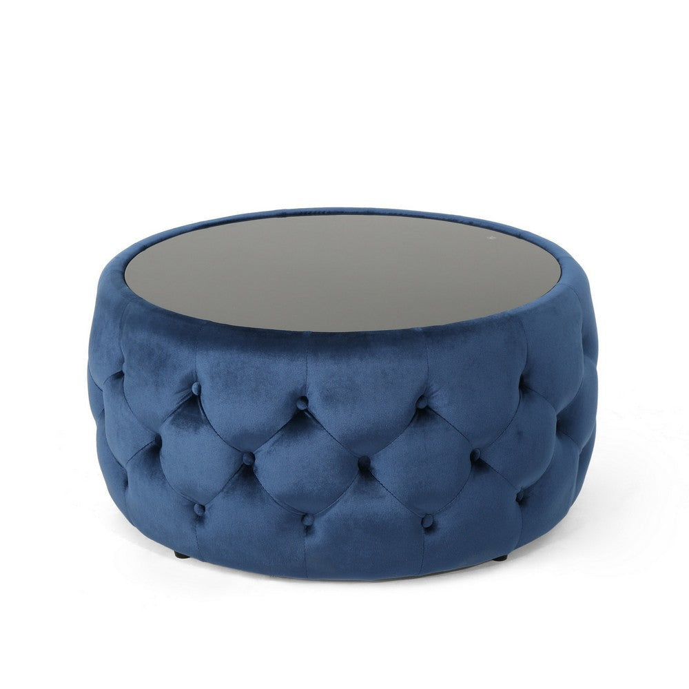 Pirana Ottoman Coffee Table Blue Tuft Velvet 30 Inch Tempered Glass