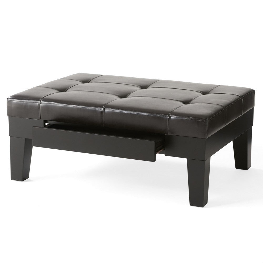 Olivia Ottoman Table Drawer Black Faux Leather Coffee Brown 41 Inch BM326870