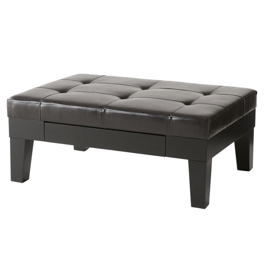 Olivia Ottoman Table, Drawer, Black Faux Leather, Coffee Brown 41 Inch