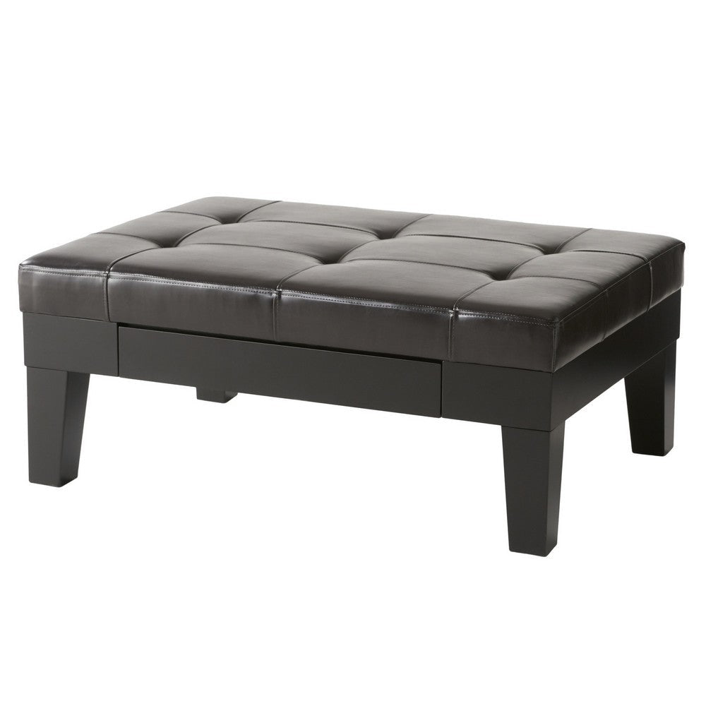 Olivia Ottoman Table, Drawer, Black Faux Leather, Coffee Brown 41 Inch