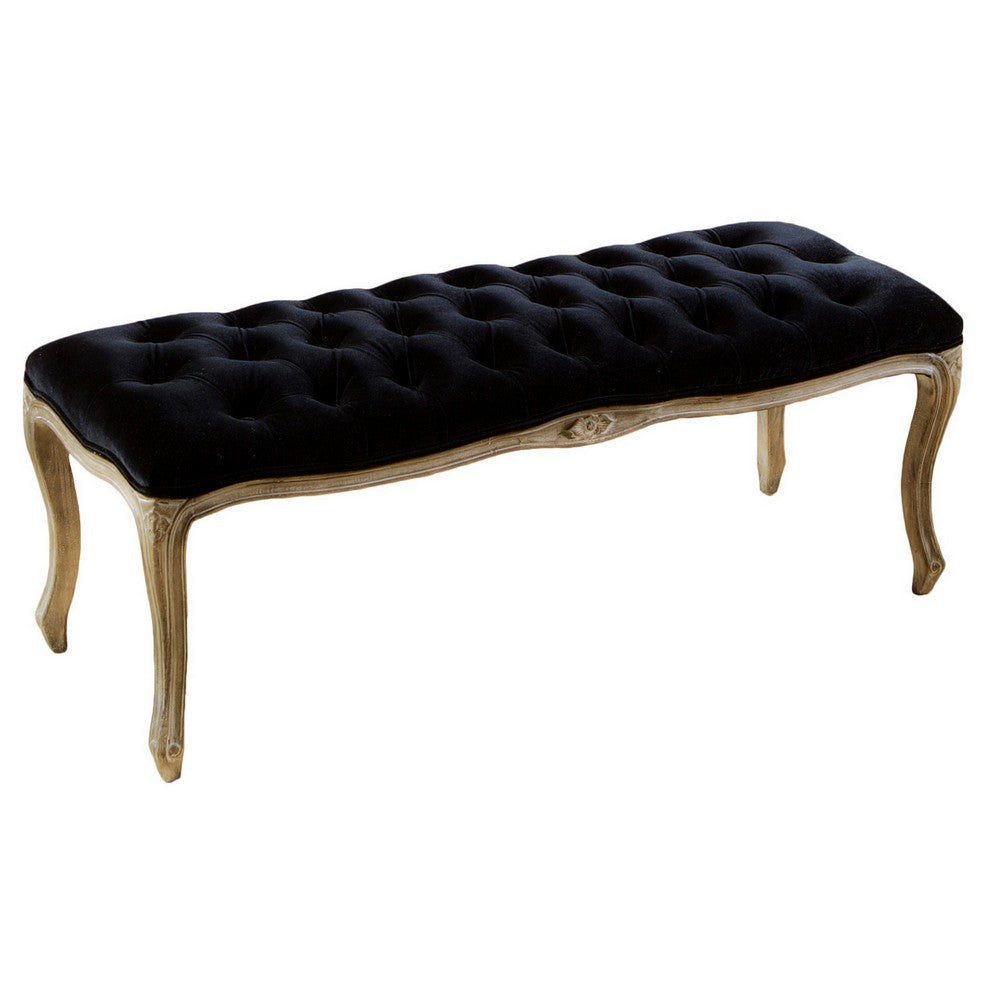 Kopa Bench Footstool, Tufted Black, Brown Wood, Curved Legs, 46 Inch