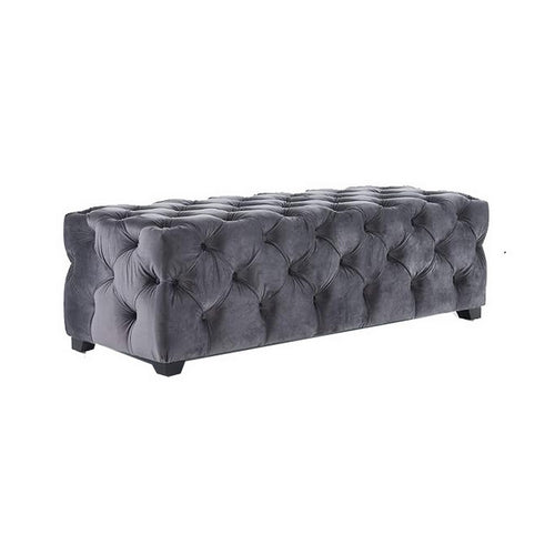 Ottoman Bench | Button Tufted Gray Velvet | Soft Cushions | 51"