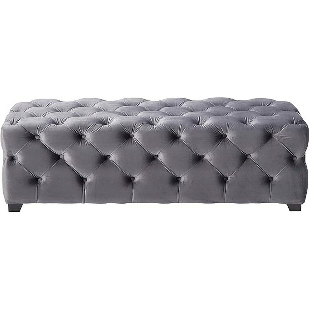 Ottoman Bench | Button Tufted Gray Velvet | Soft Cushions | 51"