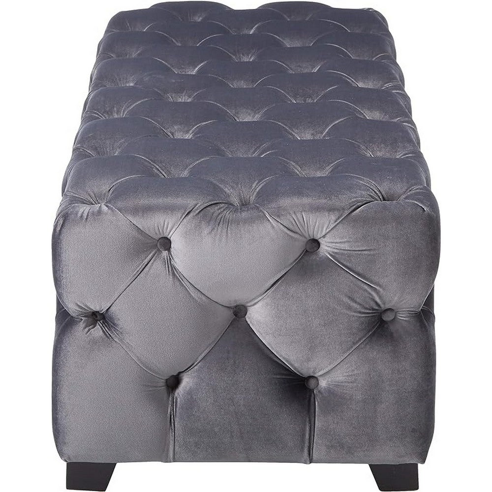 Ottoman Bench | Button Tufted Gray Velvet | Soft Cushions | 51"
