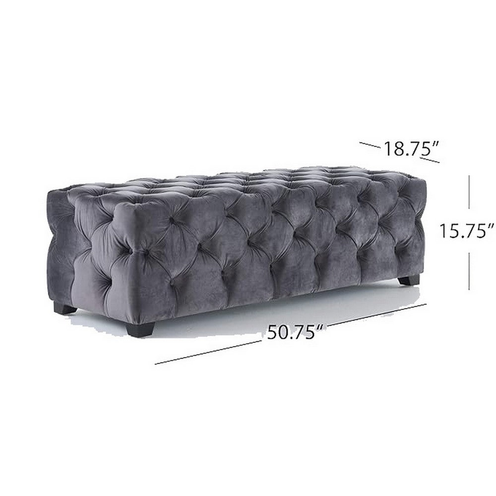 Ottoman Bench | Button Tufted Gray Velvet | Soft Cushions | 51"