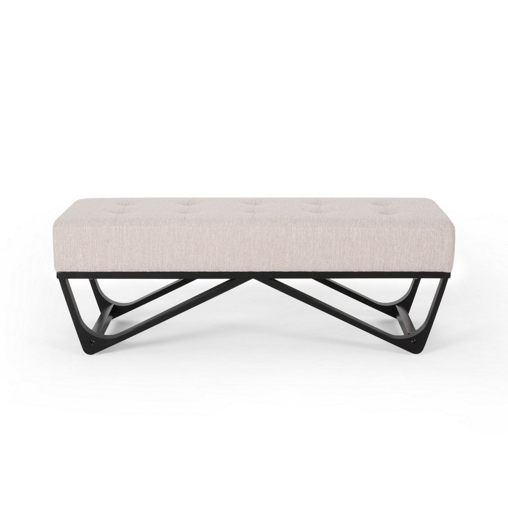 Liba Ottoman Bench, Button Tufted Beige Fabric Black Frame 47 Inch BM326883