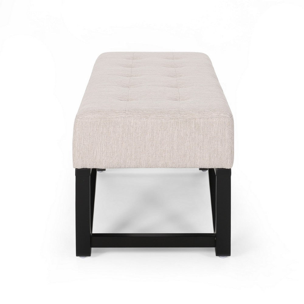 Liba Ottoman Bench, Button Tufted Beige Fabric Black Frame 47 Inch BM326883