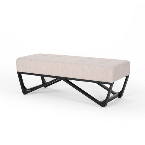 Liba Ottoman Bench, Button Tufted Beige Fabric, Black Frame, 47 Inch