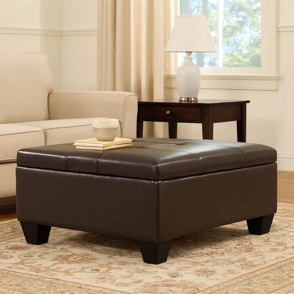 Storage Ottoman, Chocolate Faux Leather, Soft Cushioning, 47 Inch