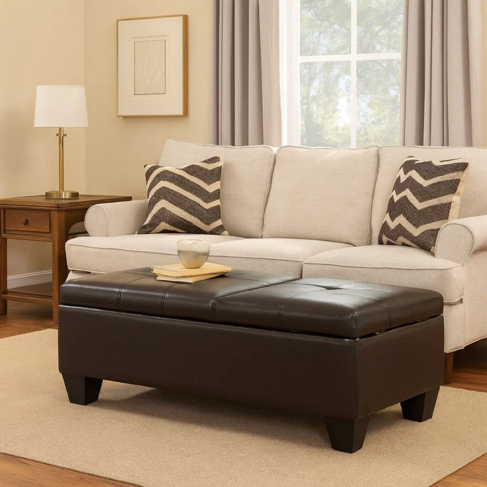 Storage Ottoman, Chocolate Faux Leather, Soft Cushioning, 47 Inch