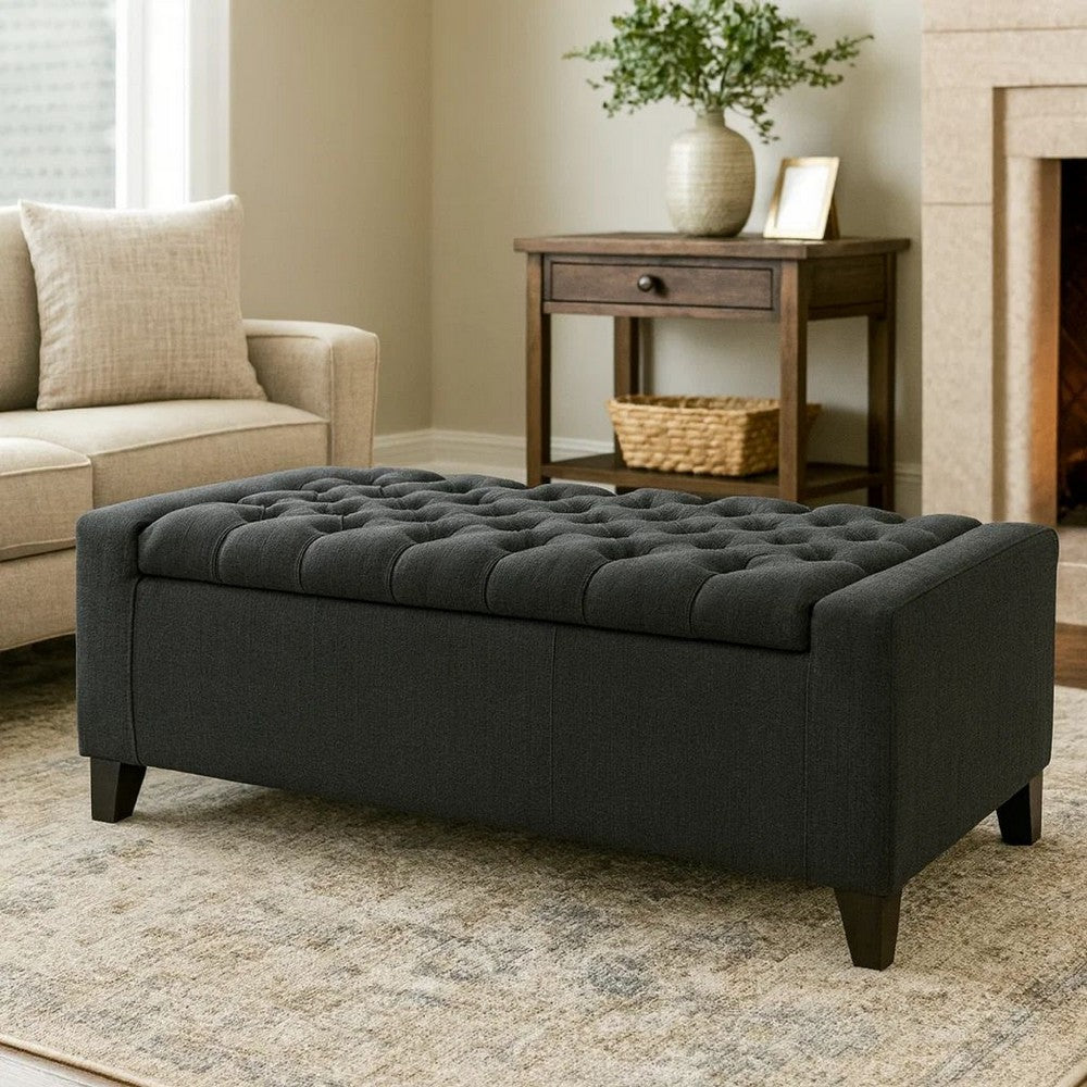 Storage Ottoman Bench, Dark Gray Fabric, Tufted Top, 51 Inch