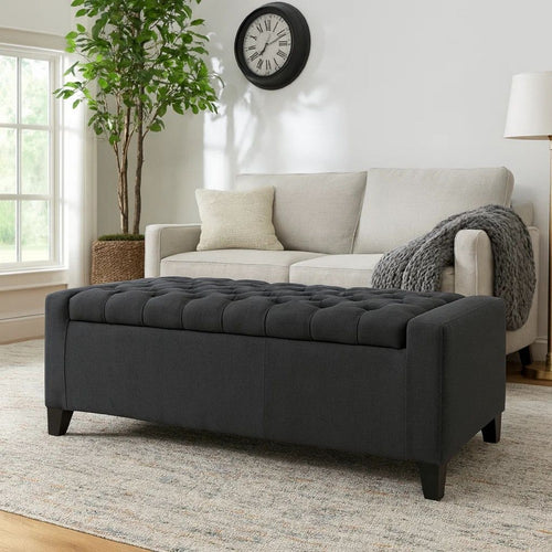 Storage Ottoman Bench, Dark Gray Fabric, Tufted Top, 51 Inch