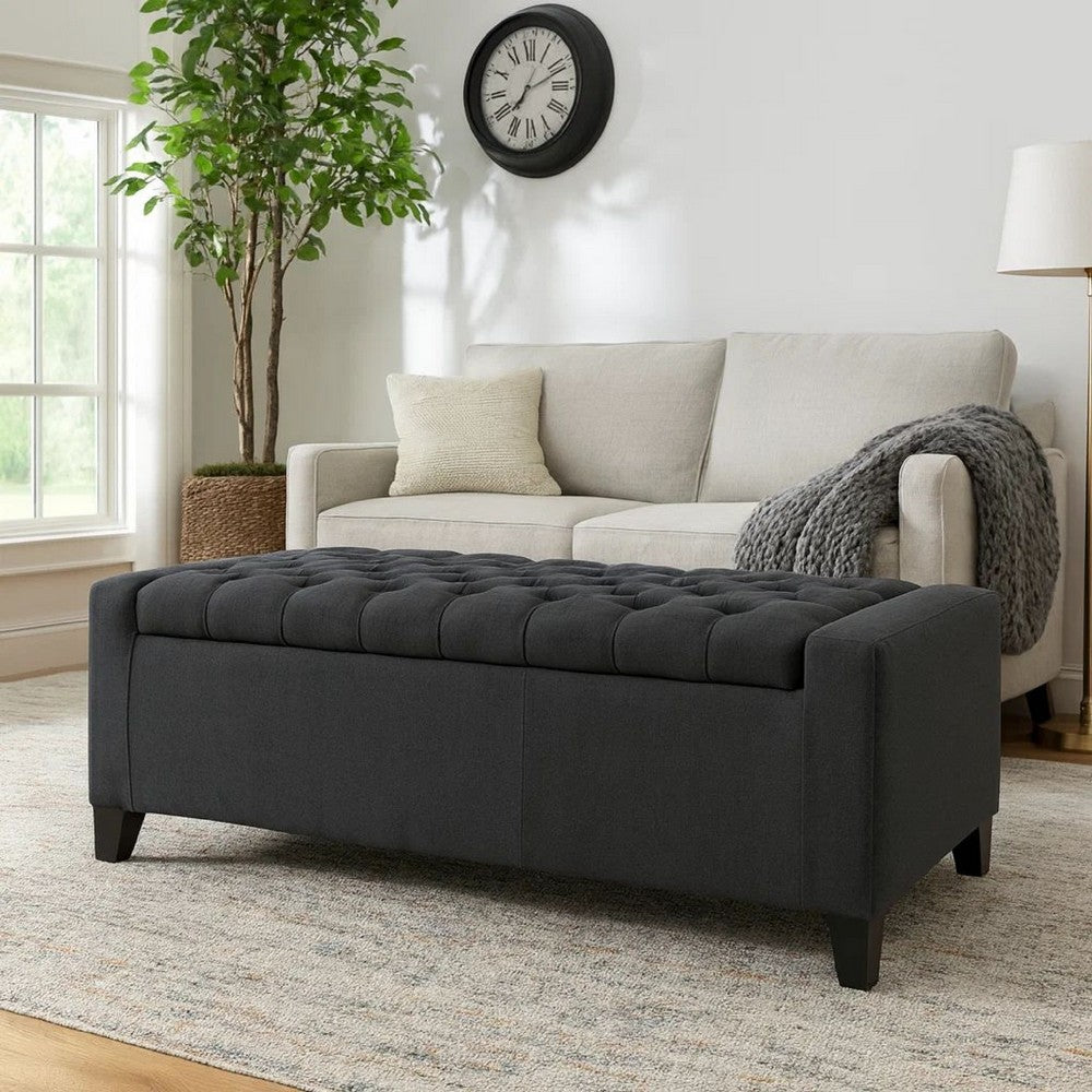 Storage Ottoman Bench, Dark Gray Fabric, Tufted Top, 51 Inch