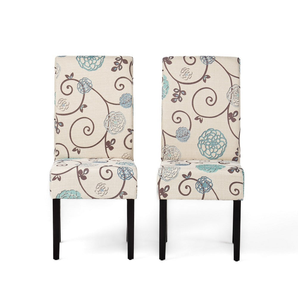 Dining Chair Set of 2, Beige Fabric, Soft Cushions, Black Rubberwood