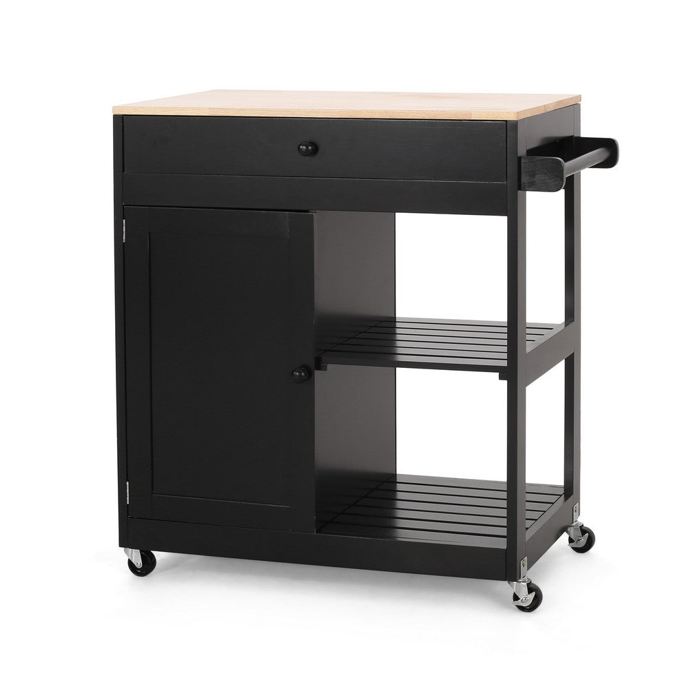 Kitchen Bar Cart with Storage and Towel Holder | 35" Black Wood